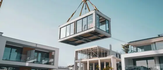 Prefabricated glass modular unit lifted by crane into position.