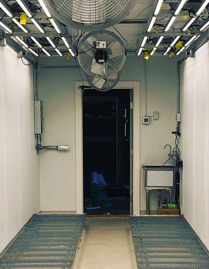Interior of modular grow room with LED lights, ventilation fans, and sink.
