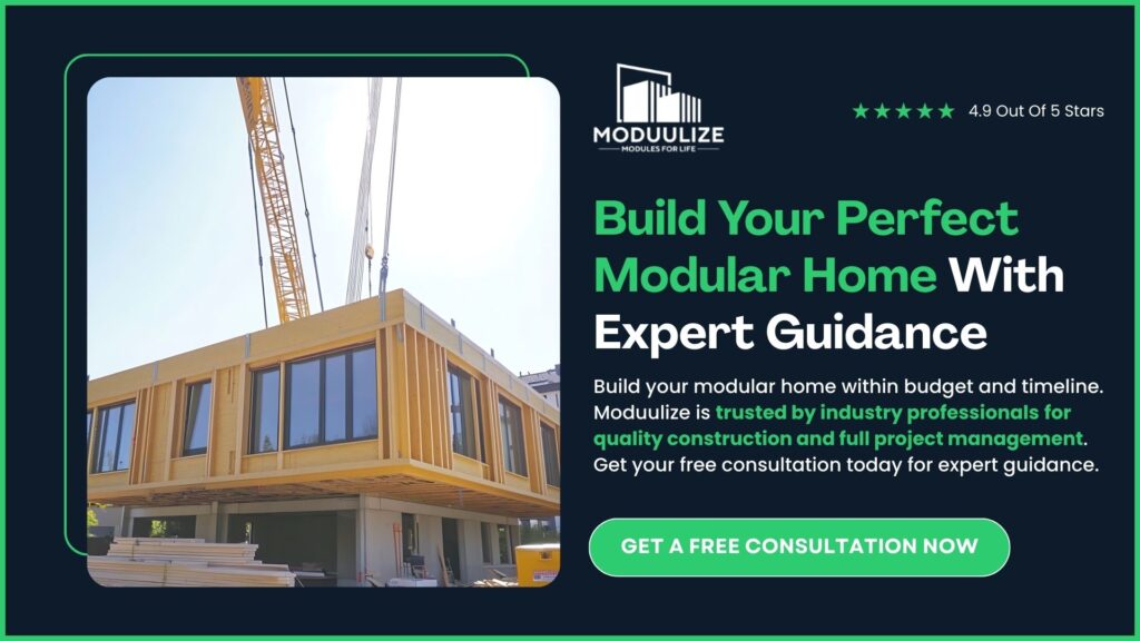  Modern two-story modular home under construction with crane visible, featuring natural wood siding and large windows, demonstrating Moduulize's custom modular construction capabilities