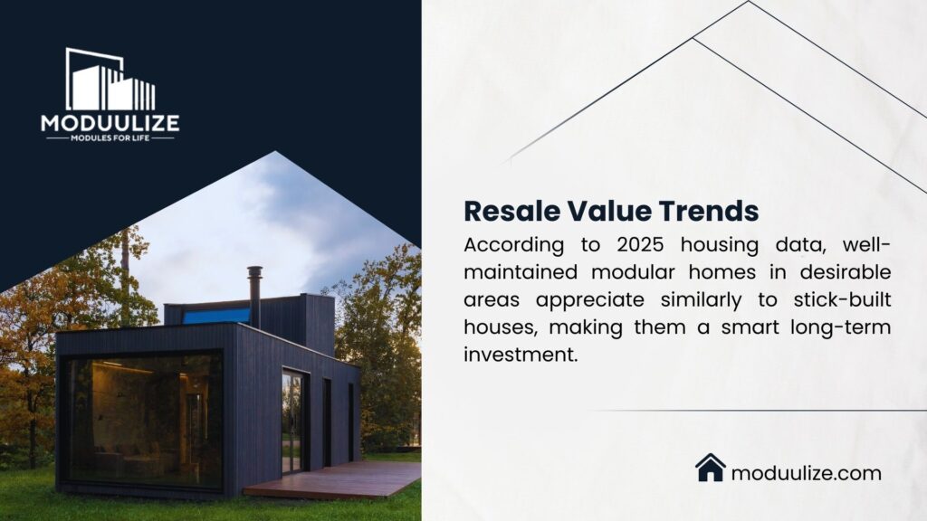 Resale value trends image featuring a modular home, with 2025 housing data showing well-maintained modular homes in desirable areas appreciate like stick-built houses, making them a smart long-term investment, branded by Moduulize.