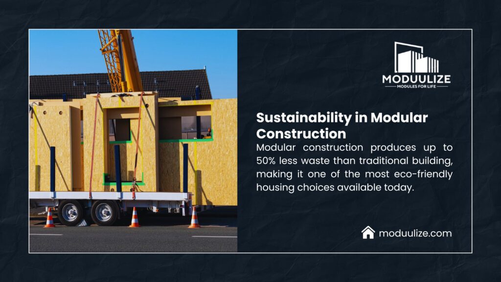 Image of modular construction with a crane lifting a prefabricated house section onto a truck, showcasing sustainable building with less waste, branded by Modulize.