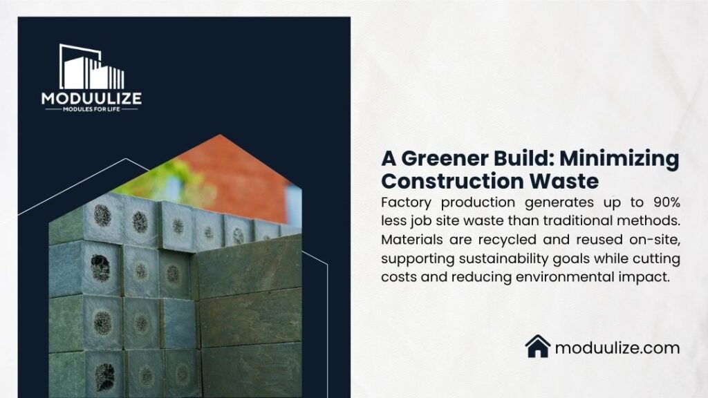 A Greener Build: Minimizing Construction Waste. Factory production generates up to 90% less job site waste. Image shows a stack of recycled building materials.