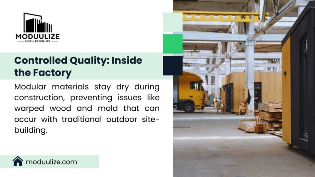Modulize factory interior: modular home under construction, materials stay dry to prevent warped wood and mold, unlike outdoor site-building.