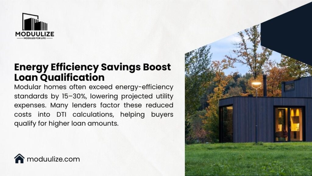 Energy Efficiency Savings Boost Loan Qualification. Modular homes exceed standards by 15–30%, lowering utility costs & helping buyers qualify for higher loans via better DTI.