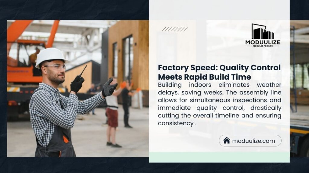 Modulize infographic: "Factory Speed" – Indoor modular construction eliminates weather delays, enables simultaneous inspections, and delivers faster, consistent quality. Worker directing operations in factory.