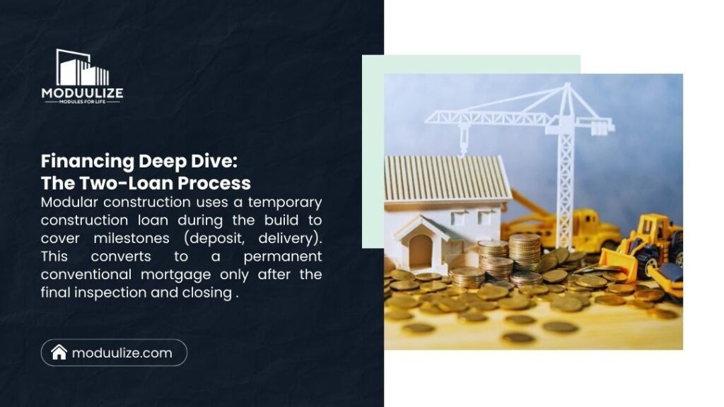 Modulize infographic: "Financing Deep Dive: The Two-Loan Process" – Temporary construction loan covers milestones, then converts to permanent mortgage after final inspection. Model house with coins and crane.