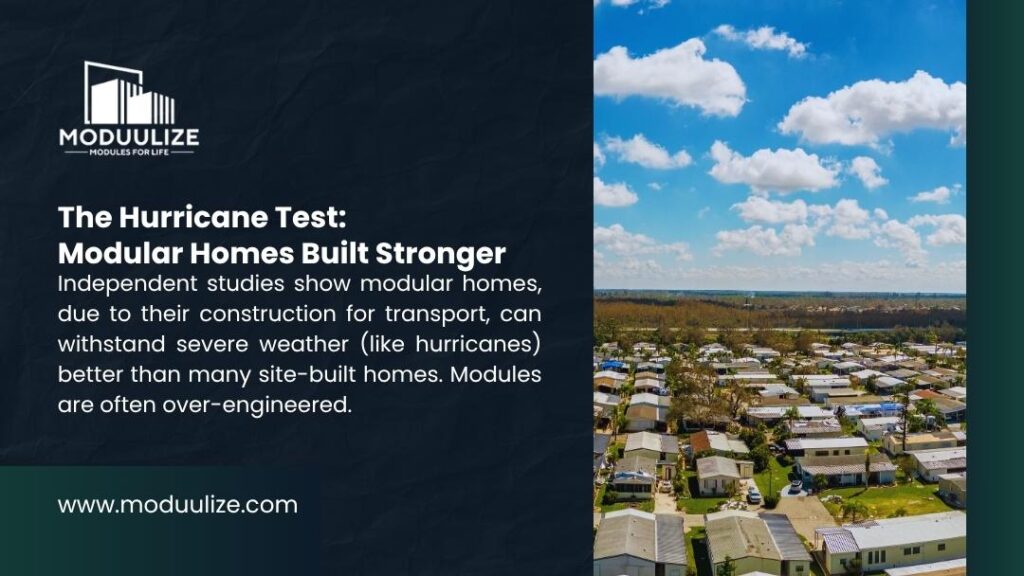Prefab vs Modular Homes - Infographic: Modular Homes Built Stronger. Modular homes withstand hurricanes better than site-built homes. Aerial view of a residential area under a blue, cloudy sky.