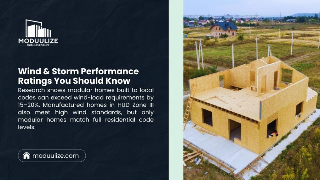 Modulize infographic: "Wind & Storm Performance Ratings" – Modular homes built to local codes exceed wind-load requirements by 15-20%, especially in HUD Zone III high-wind areas. Partially built module on site.