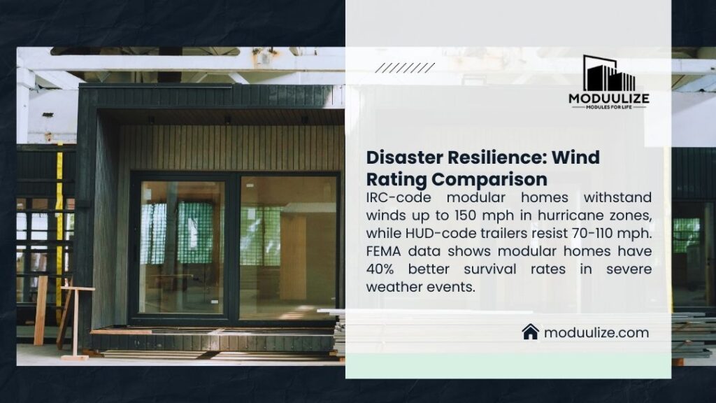Hurricane-resistant modular home showing superior wind rating compared to HUD-code trailers for disaster resilience