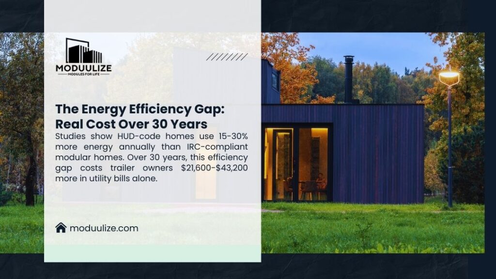Modular home vs trailer - Energy-efficient modular home at dusk illustrating cost savings compared to HUD-code homes over 30 years