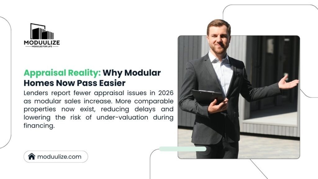Modulize infographic: Businessman in suit holding tablet, presenting. Appraisal Reality—lenders report fewer issues in 2026 as modular home sales rise; more comparables reduce delays and under-valuation risks.