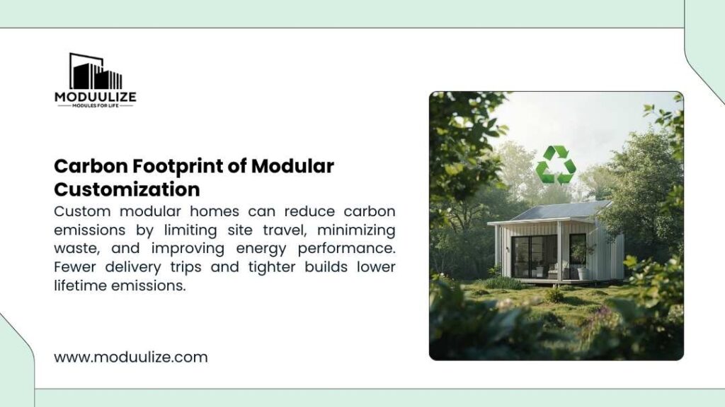 Modern modular tiny home with solar panels in a lush green setting, surrounded by trees and featuring a prominent recycling symbol, highlighting sustainable modular living.