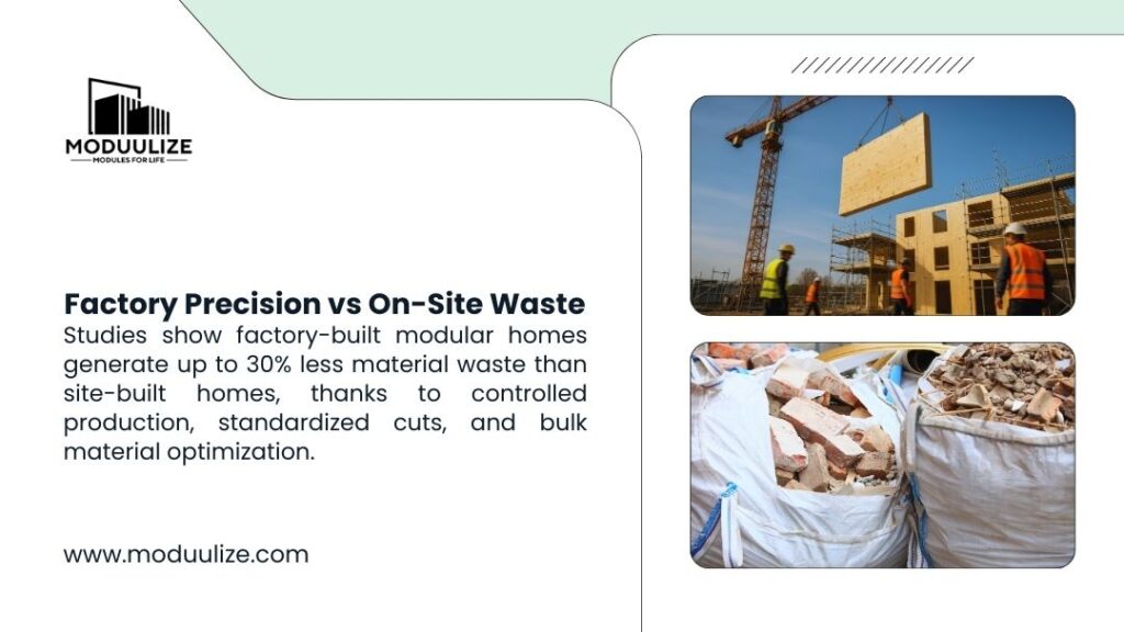 Can You Customize a Modular Home - Crane lifting modular wall panel at construction site alongside waste bags, comparing factory precision vs on-site waste with 30% less material waste in modular builds.