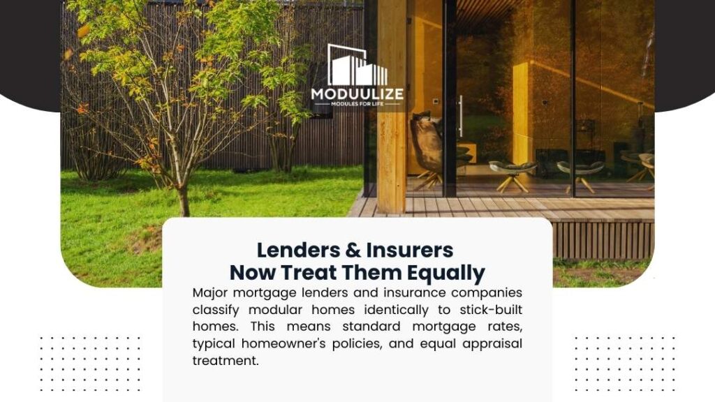 Modern modular home with glass doors and wooden deck, showing lenders and insurers now treat them equally to stick-built homes for mortgages and policies.