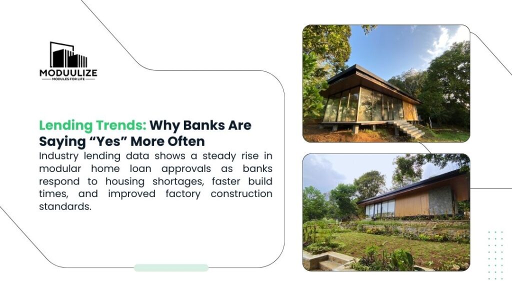 Moduulize infographic: Two modern modular homes in nature. Lending trends show rising loan approvals for modular homes due to housing shortages, faster builds, and improved factory standards.
