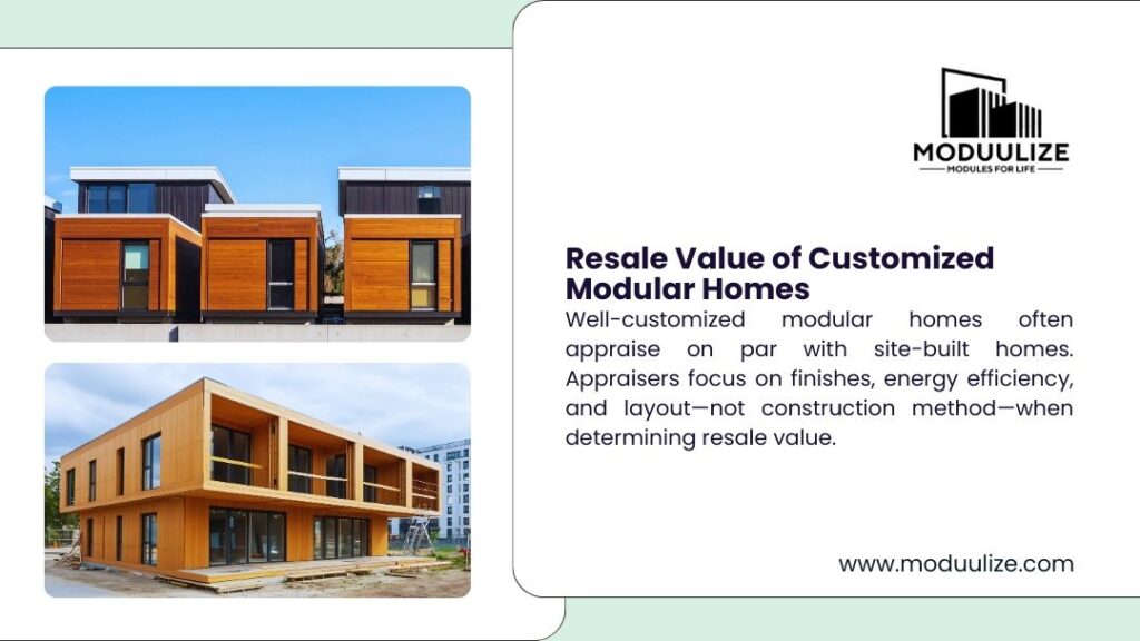 Infographic on resale value of customized modular homes: well-customized modular homes appraise on par with site-built ones. Appraisers prioritize finishes, energy efficiency, and layout over construction method. Photos of modern wooden modular homes.