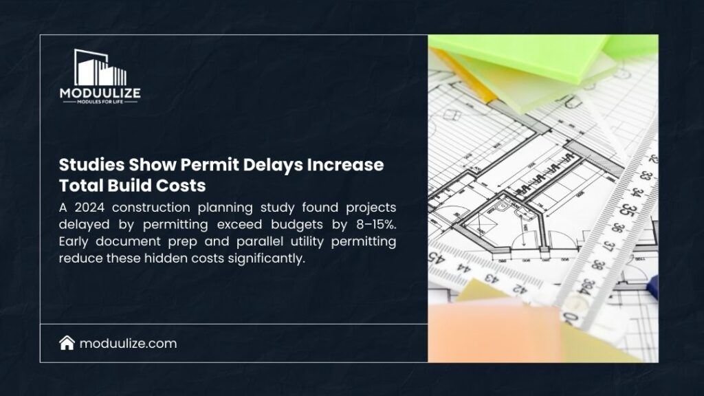 Architectural blueprints with ruler and sticky notes showing studies show permit delays increase total build costs by 8-15% due to planning setbacks.