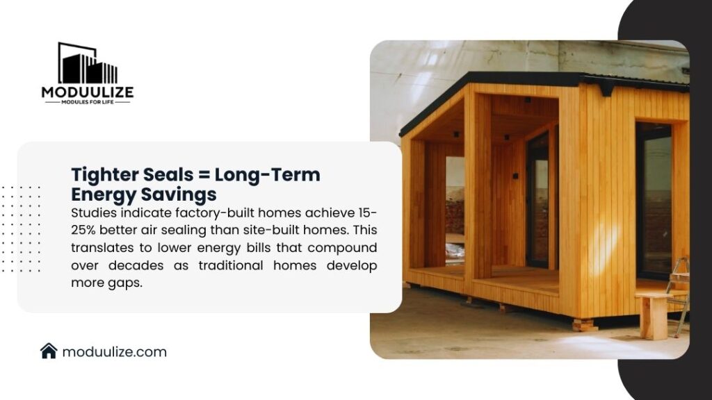 Wooden modular home module in factory setting, showing how tighter seals in factory-built homes lead to long-term energy savings versus site-built construction.