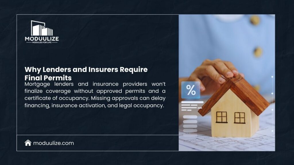 Wooden house model with percentage icon on documents showing why lenders and insurers require final permits for mortgage and insurance approval.