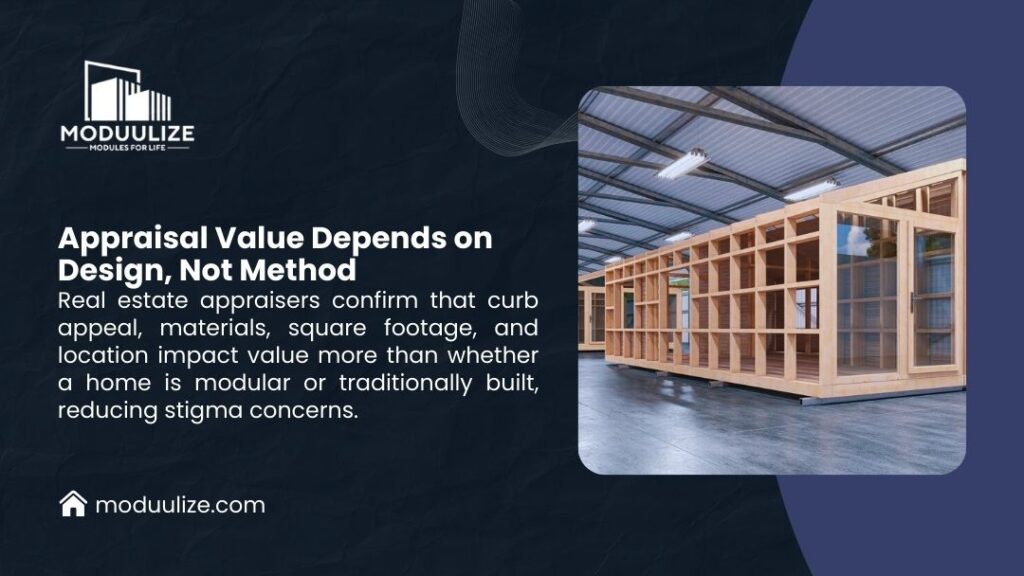 Modular home section under construction in factory showing quality wood framing and windows, demonstrating design factors that determine appraisal value - Moduulize