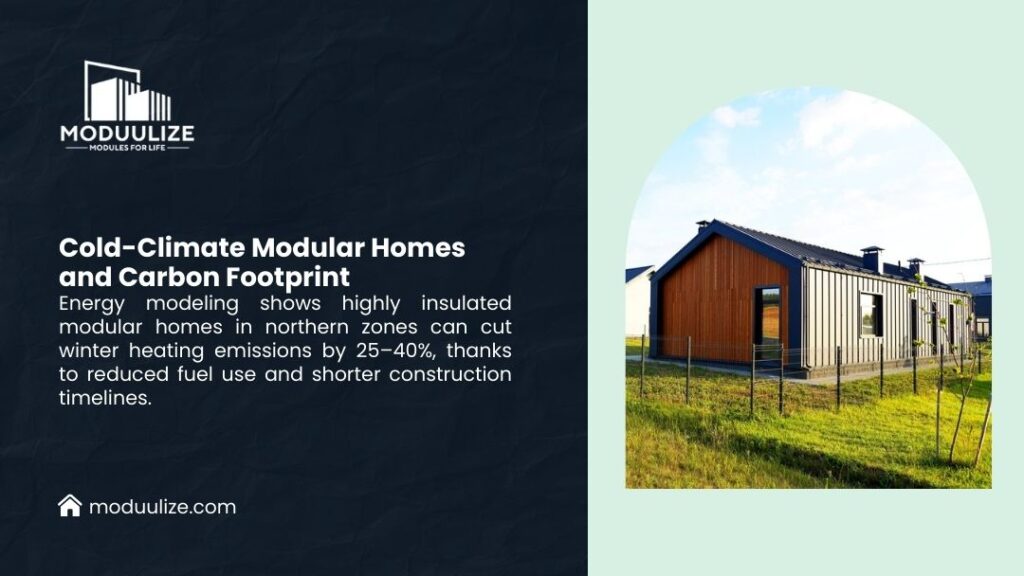 Modern modular home with wood and metal cladding in northern landscape, illustrating cold-climate modular construction reducing heating emissions by 25-40%