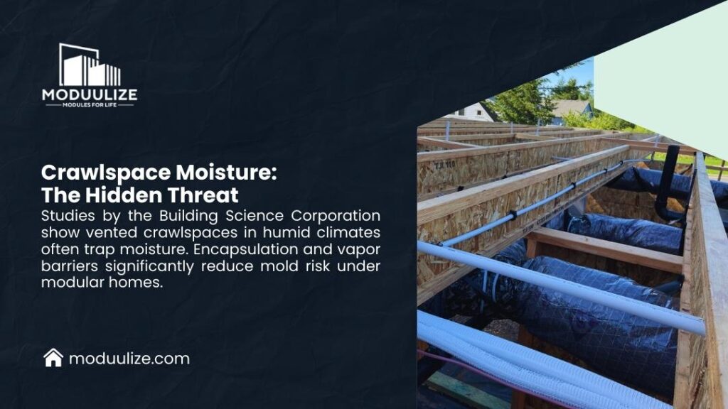 Crawlspace with blue vapor barrier and insulation pipes, illustrating moisture encapsulation and mold risk reduction in modular homes