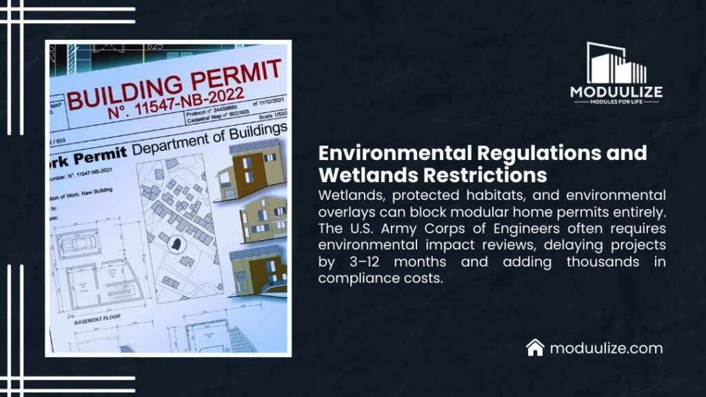 Moduulize infographic showing building permit and modular home plans illustrating environmental regulations and wetlands restrictions that block permits, US Army Corps requires environmental review