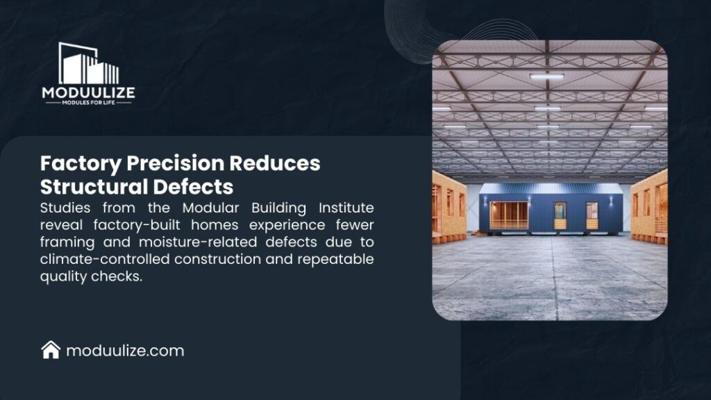Interior of modular home factory showing climate-controlled construction environment with precision framing, illustrating quality control - Moduulize