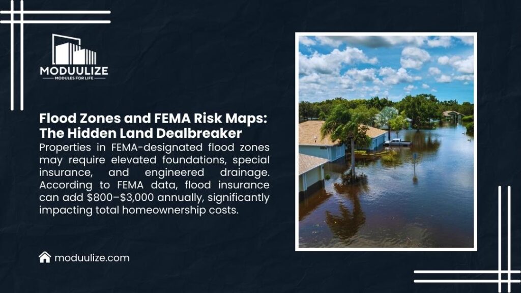Moduulize infographic showing flooded residential neighborhood illustrating FEMA flood zones as hidden land dealbreaker, properties require elevated foundations, special insurance, engineered drainage