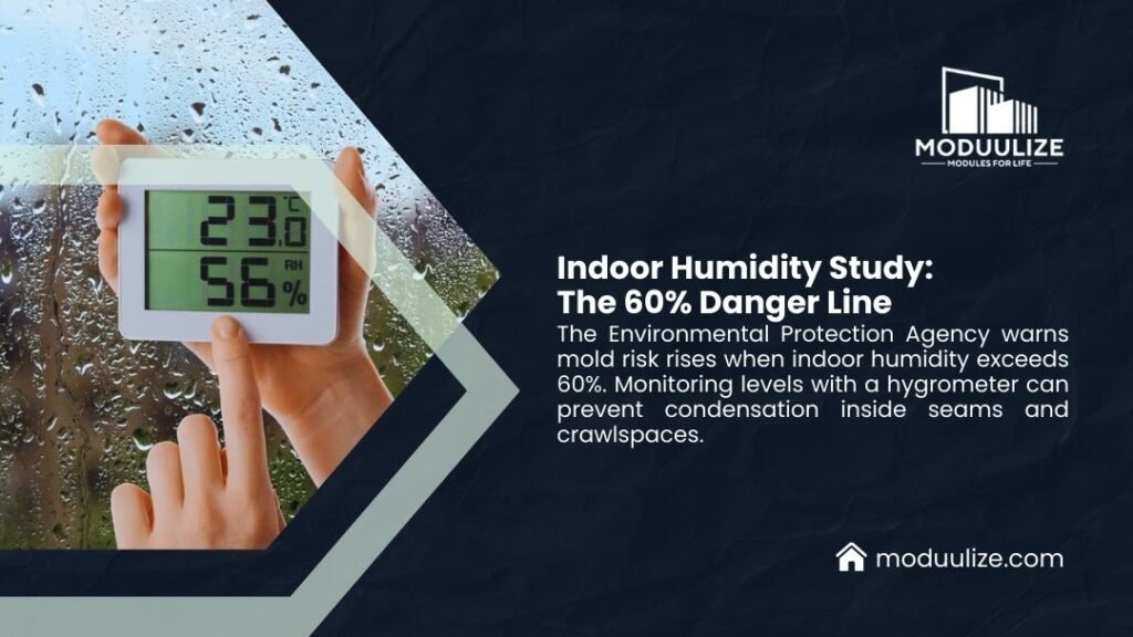 Hand holding hygrometer measuring 56% indoor humidity on condensated window, illustrating EPA 60% danger line for mold prevention