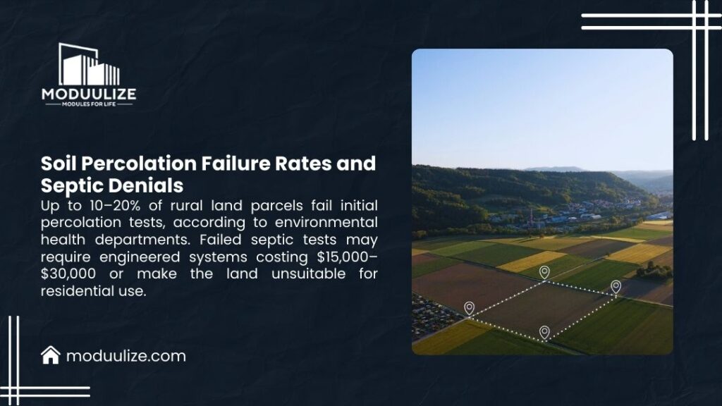 Moduulize infographic showing rural agricultural land with location markers illustrating soil percolation failure rates, 10-20% of rural parcels fail septic tests requiring $15,000-30,000 engineered systems