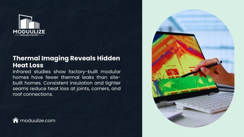 Hand pointing at thermal imaging camera displaying heat map showing red and yellow hot spots, revealing hidden heat loss in building construction and insulation