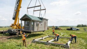 Yellow crane lifting a complete modular house section above its concrete foundation in a grassy rural field, while workers in safety vests guide the module and prepare the base.