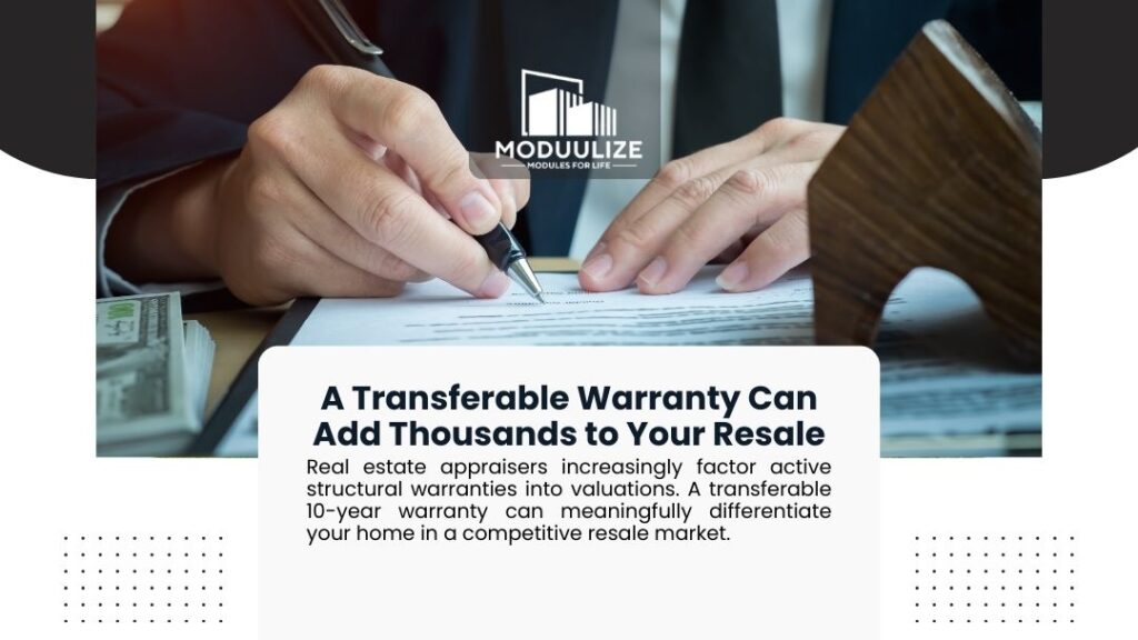 Person signing a real estate contract with cash nearby, illustrating how a transferable warranty can add thousands to a modular home resale value.
