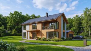 Modern two-story modular home with wood siding, large windows, and a balcony, set on a landscaped lot with a detached garage.