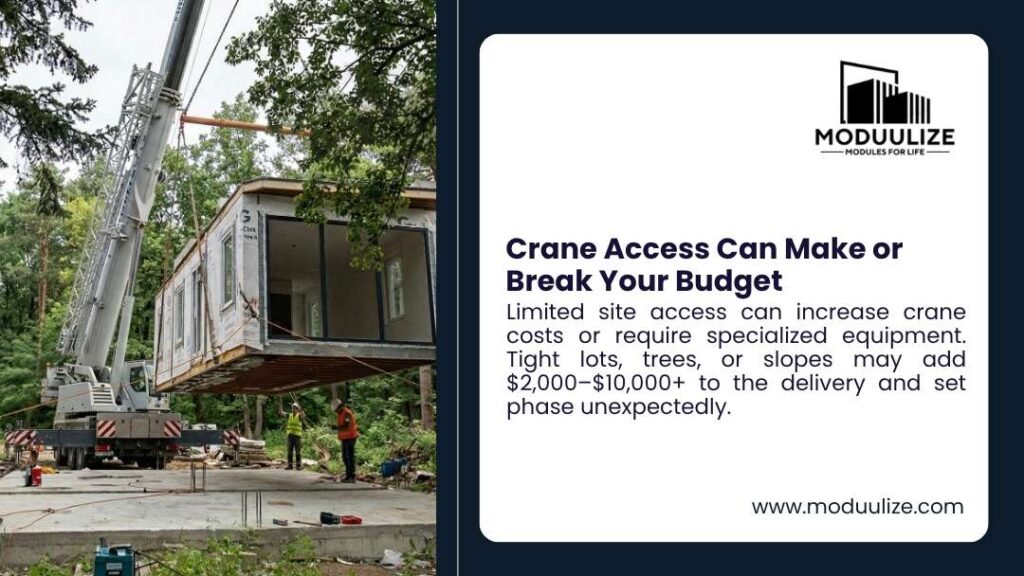 Large mobile crane lifting a modular home section into place on a wooded construction site, with two workers in safety vests guiding the module.