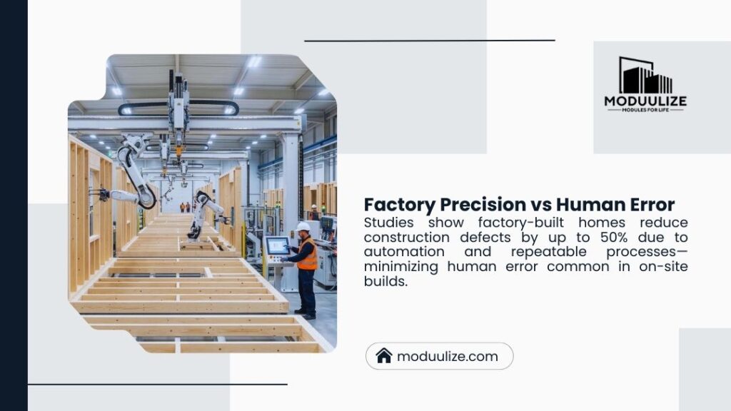 Robotic arm assembling wooden wall frames in a modular home factory, showcasing automated precision over manual construction.