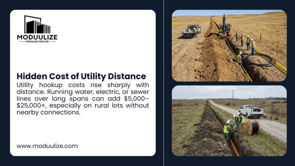 Construction crew in safety vests working in a long excavated trench across a rural field, laying yellow and black utility pipes and cables with an excavator and pickup truck nearby.