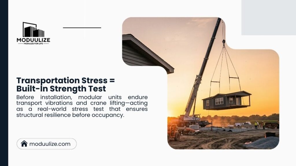 Crane lifting a modular home unit onto a foundation at sunset, demonstrating the structural strength required for transport and installation.