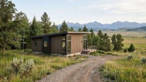 Modern 600 sq ft modular home with dark and wood siding, large windows, and wooden deck, situated on a rural grassy lot with dirt road, surrounded by trees and distant mountain range.