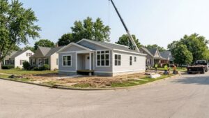 Crane setting small modular home on residential lot — 750 sq ft modular home price and complete cost guide 2026 for budget-conscious buyers.