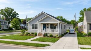 800 sq ft modular home exterior view in a suburban neighborhood, showing a completed single-story gray house with porch and landscaping.