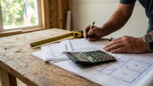 Contractor reviewing cost estimate and blueprints with calculator — 900 sq ft modular home price and what you'll actually pay in 2026