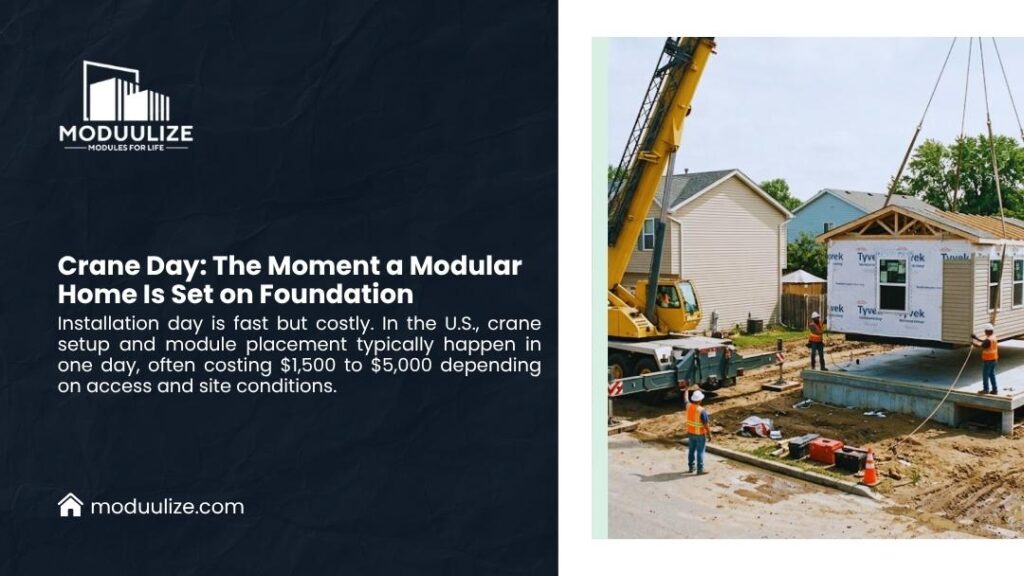 Crane lifting modular home module onto concrete foundation — crane day and the moment a modular home is set on foundation by installation crew.
