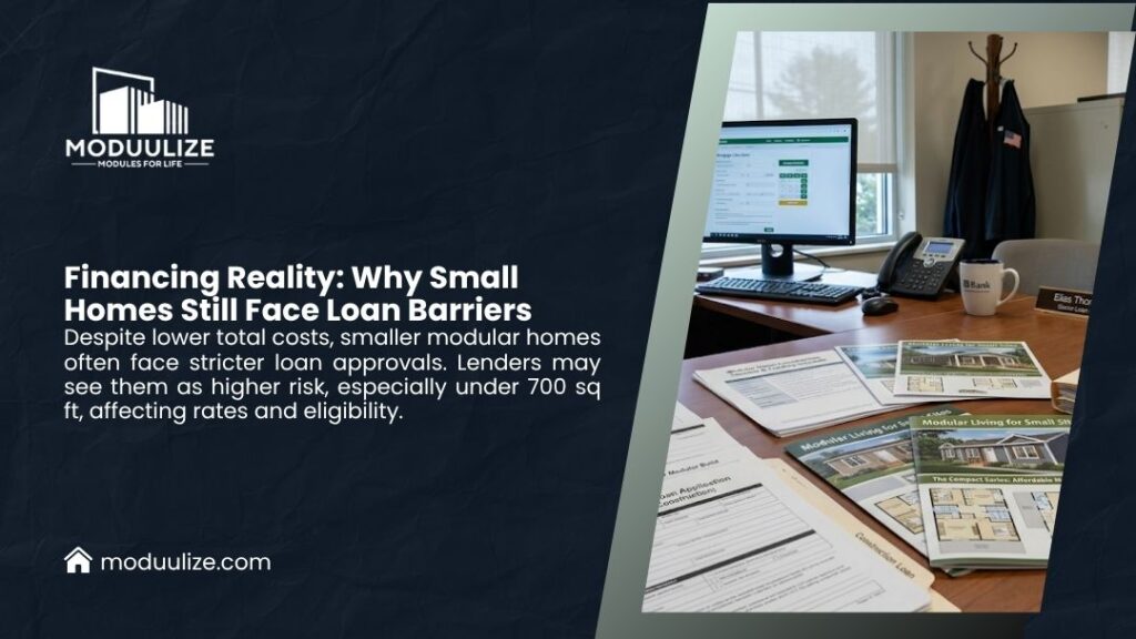 Bank desk with modular home brochures and loan applications, showing financing barriers small homes under 700 sq ft still face.