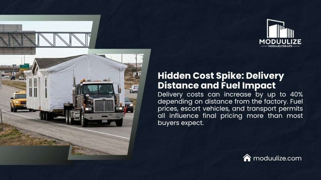 Modular home being transported on highway, showing hidden delivery distance and fuel cost spikes that can increase pricing by up to 40%.