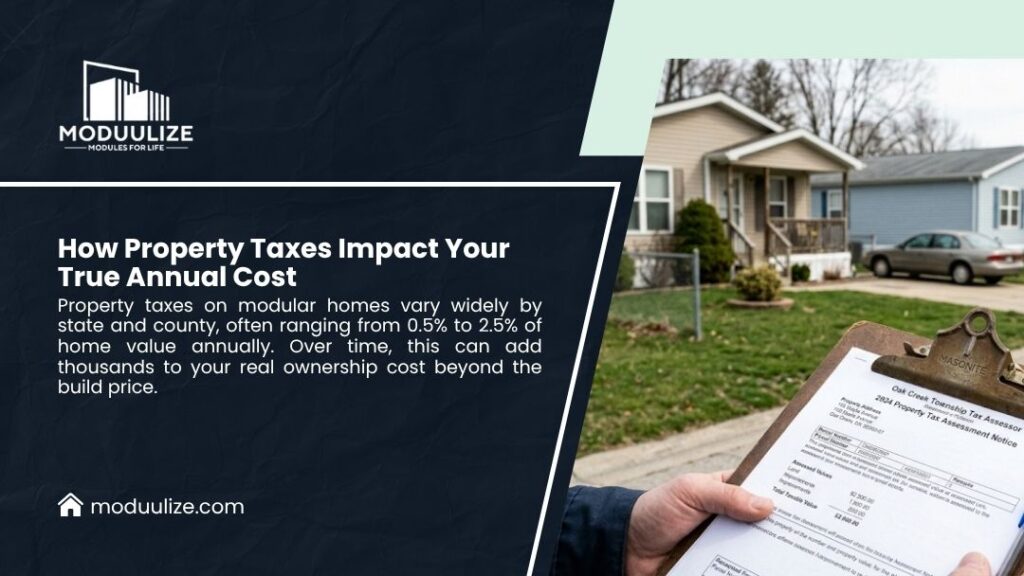 Person holding a property tax assessment notice in front of suburban modular homes, illustrating the impact of property taxes on annual home ownership cost.
