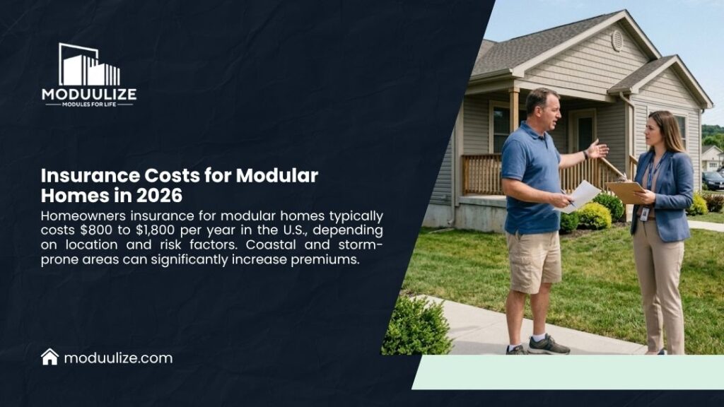 Man and woman discussing homeowners insurance for a modular home in front of a suburban house, reviewing documents on the lawn.