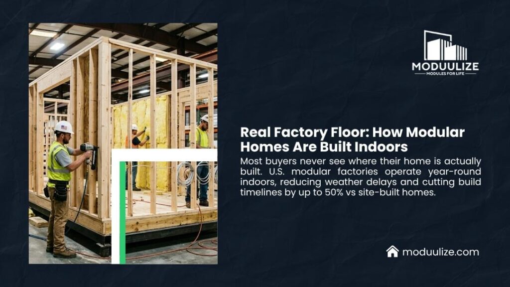 Workers framing modular home modules on indoor factory floor — how modular homes are built indoors cutting build timelines by up to 50%.