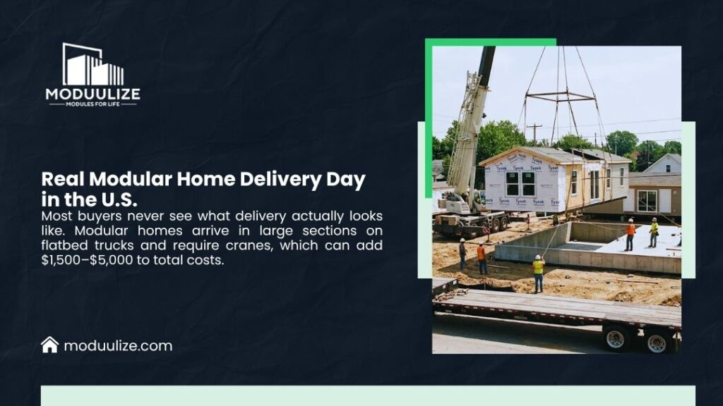 Crane lifting modular home section off flatbed truck onto foundation — real modular home delivery day in the U.S. with installation crew on site.